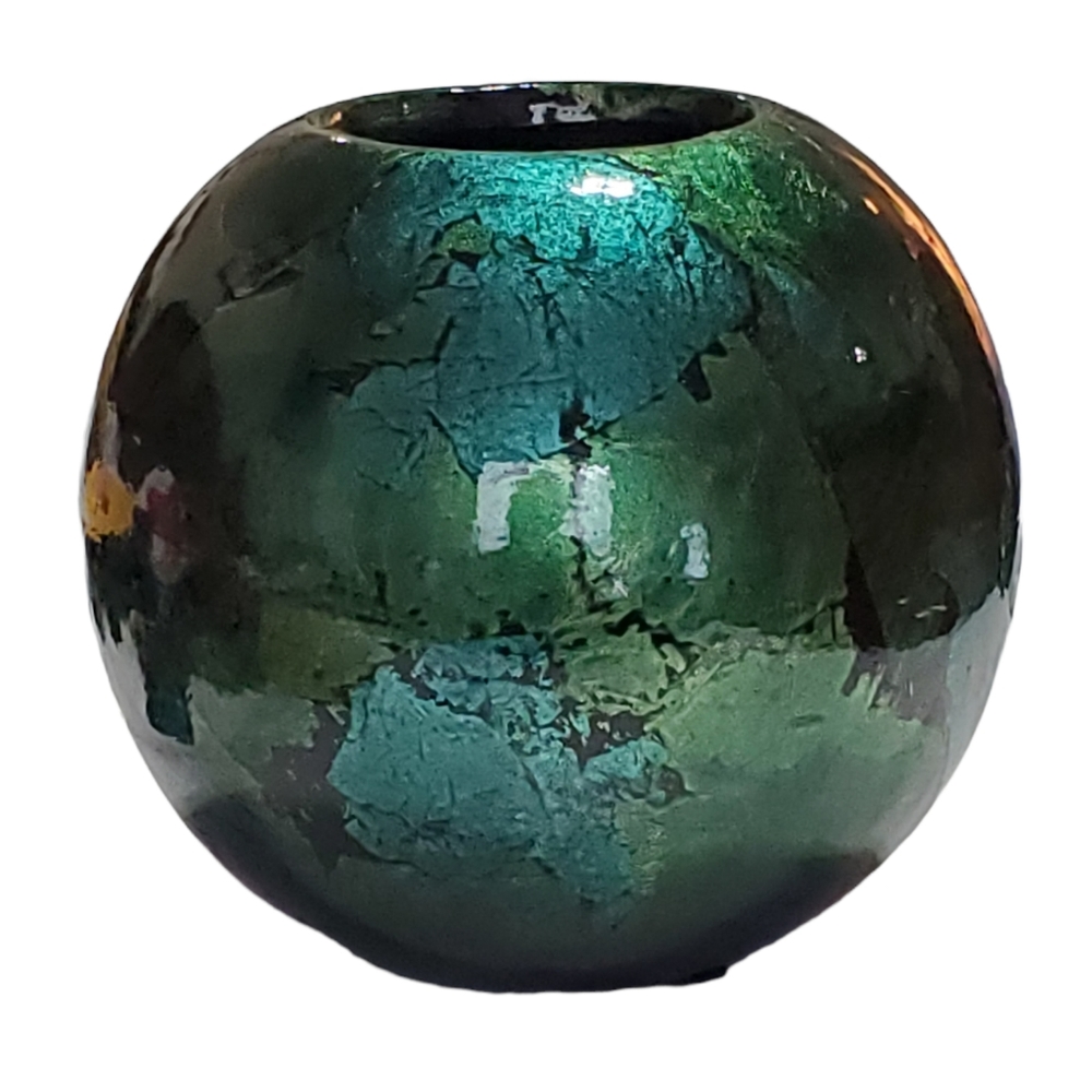 ●UNIQUE ECLECTIC VASE ROUND CERAMIC OR METAL? BLUE GREEN BLACK 23" DIAMETER